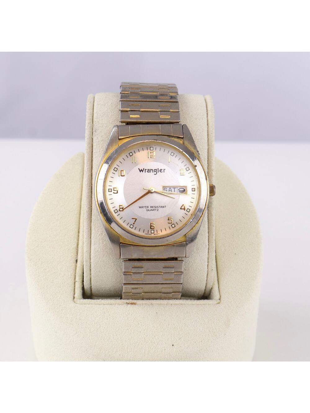 Vintage Wrangler Watch Mens Two Tone Day Date Silver‎ Gold Stretch Band Works